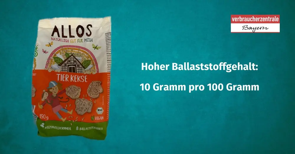 Produktfoto von Kinderkeksen mit der Angabe des Ballaststoffgehaltes