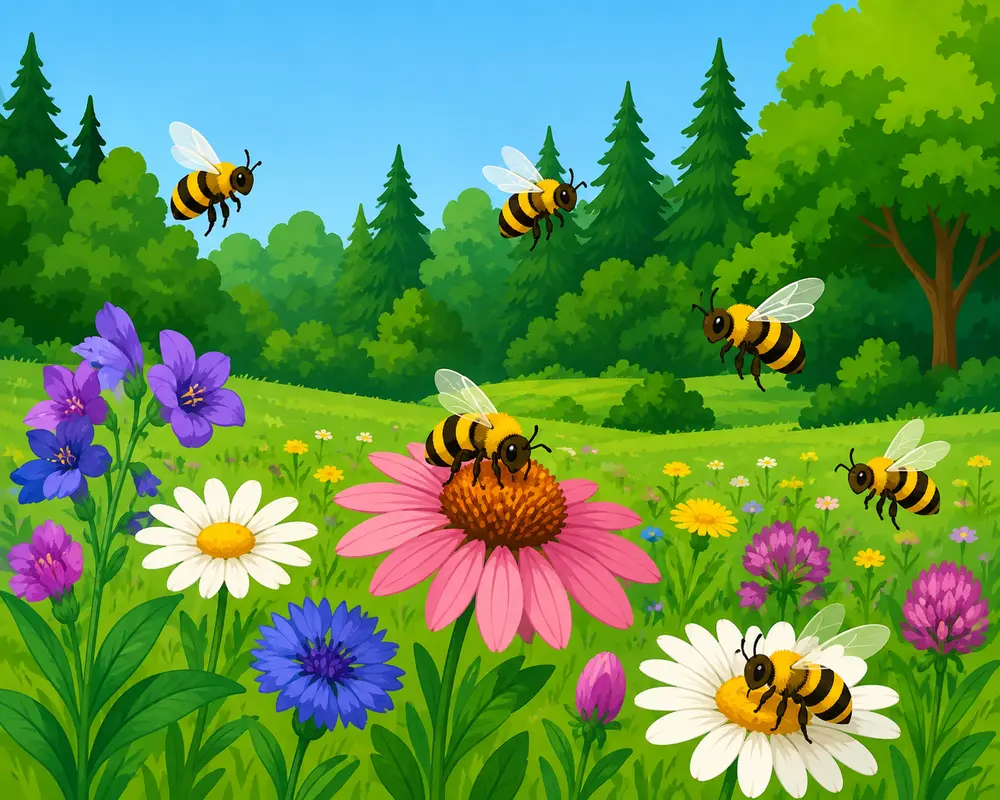 für leichte Sprache: Blumenwiese und Wald mit Bienen