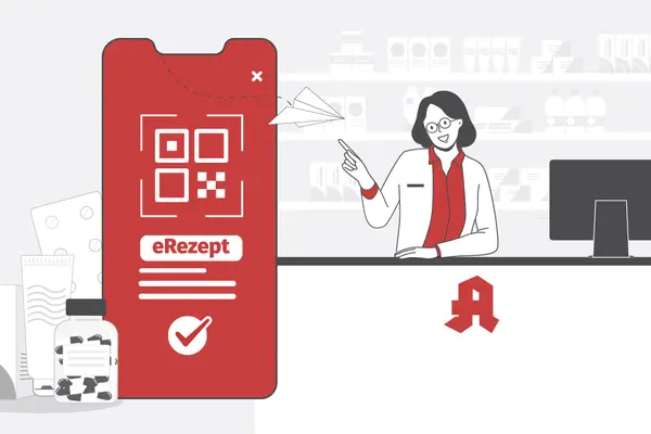 Eine Apothekerin steht hinterm Empfang. Ein Smartphone zeigt die Aufschrift E-Rezept.