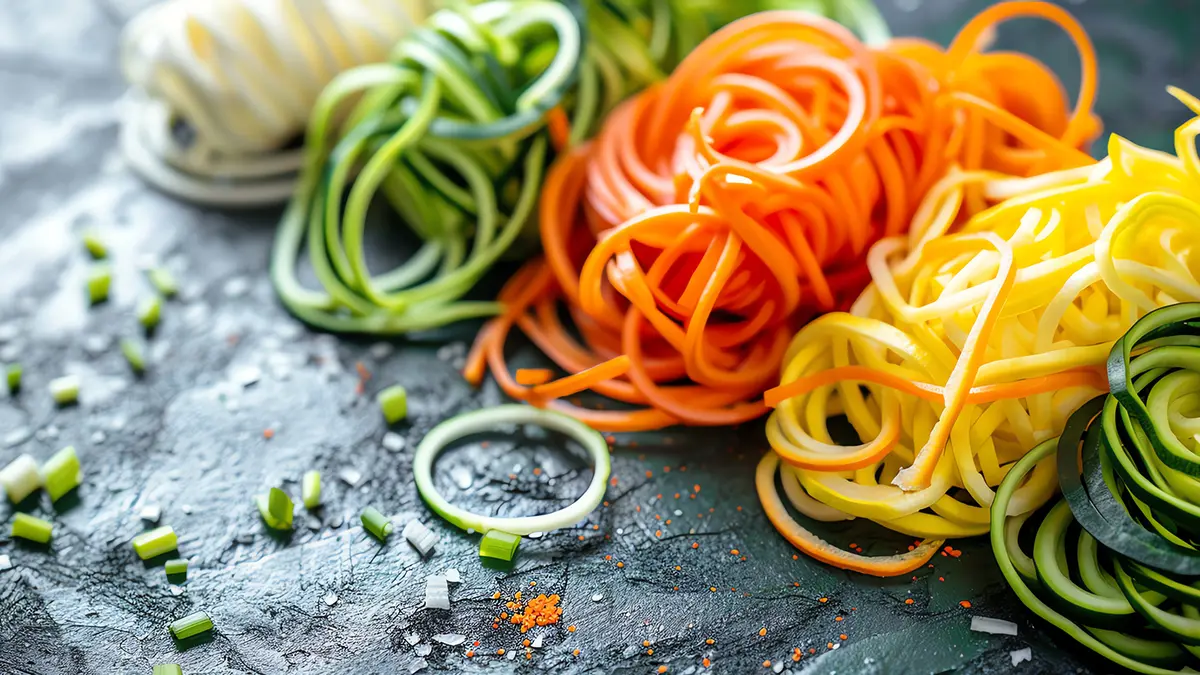 Mehrere Häufchen Karotten und Zucchini Nudeln