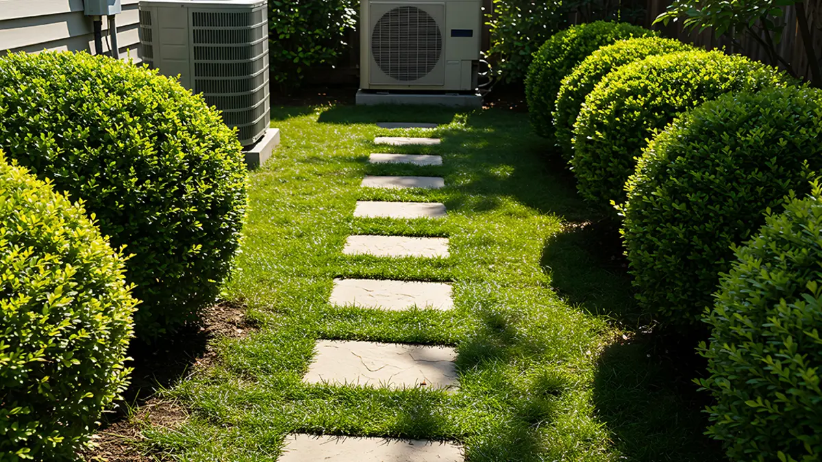 Eine Wärmepumpe steht hinten im Garten, und auf dem Weg zu ihr liegen Pflastersteine auf der Wiese.