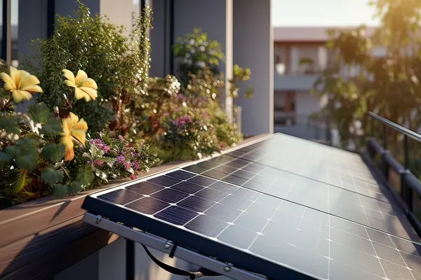 ein Balkon mit Blumen und Solarmodule