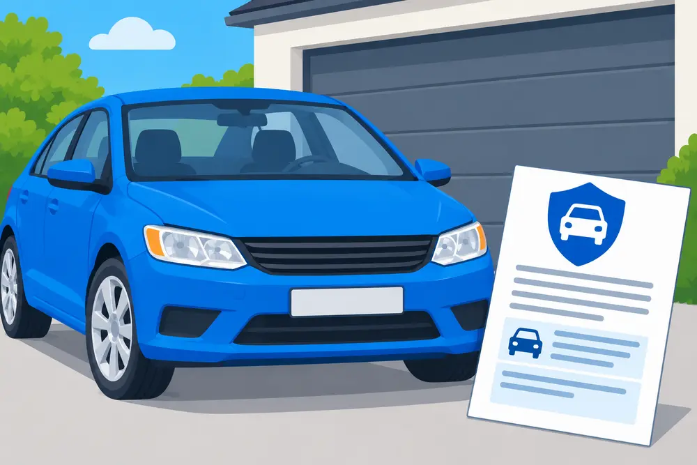 für leichte Sprache: blaues Auto vor einer Garage, daneben ein Versicherungs-Schein