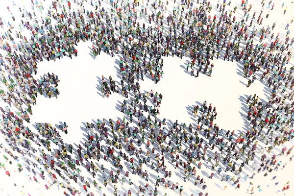 Viele Menschen, die von oben gesehen zusammen zwei Puzzleteile ergeben