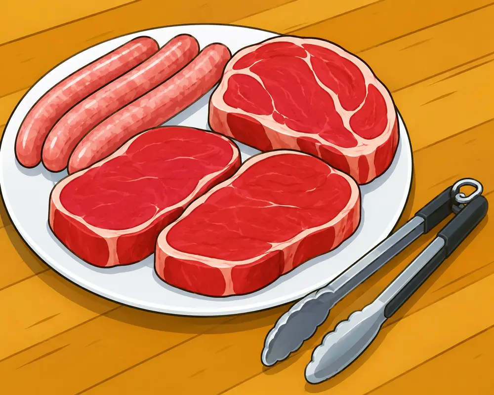 für leichte Sprache: Teller mit rohen Würstchen und Steaks zum Grillen