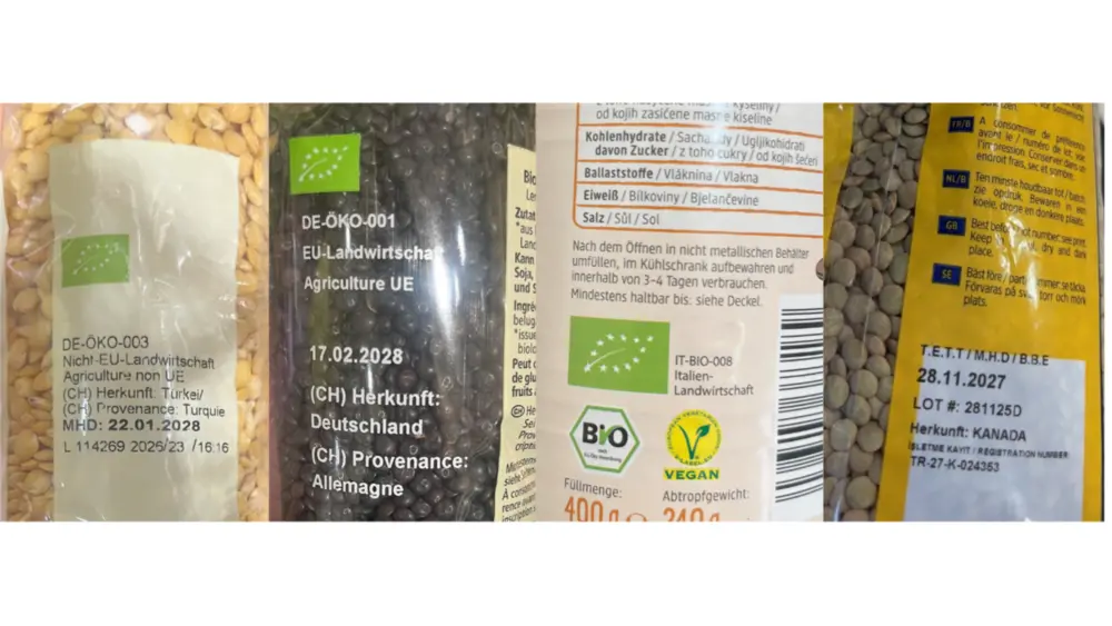 Herkunftskennzeichnung auf verschiedenen Hülsenfrüchtepackungen