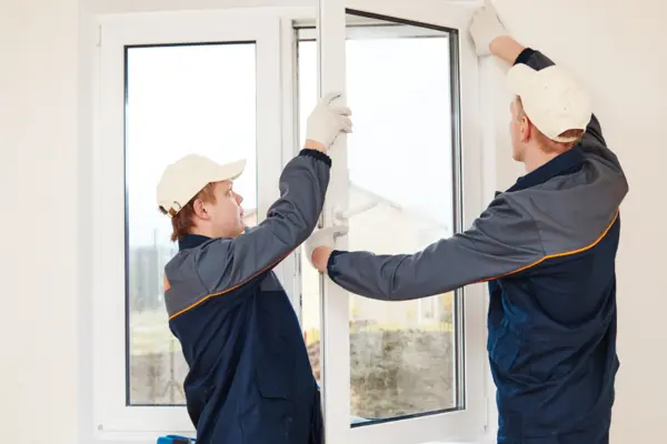 Zwei Handwerker bauen ein neues Fenster ein