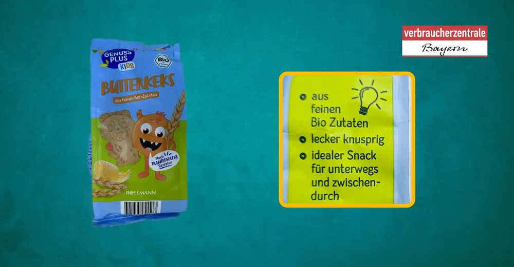 Produktfoto von Kinderkeksen mit hervorgehobenem Claim