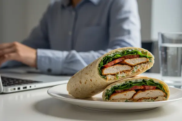 Zwei Wraps auf einem Bürotisch mit Mensch am Laptop im Hintergrund