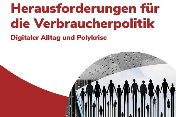 Das Bild zeigt das Cover des "Jahrbuch Konsum & Verbraucherwissenschaften 2024/2025". Das Cover zeigt in der oberen Hälfte das Logo der Verbraucherzentrale (ein roter Punkt mit einem weißen "V" in der Mitte). Darunter befinden sich die Namen der Herausgeber (Christian Bala, Alexander Boden, Wolfgang Schuldzinski und Gunnar Stevens) und der Titel der Publikation: „Herausforderungen für die Verbraucherpolitik – Digitaler Alltag und Polykrise“. In der linken unteren Hälfte des Covers findet sich der Reihentitel: „Jahrbuch Konsum und Verbraucherwissenschaften 2024/2025“. In der rechten Hälfte des Covers ist eine kreisförmige Abbildung zu sehen. Die Abbildung zeigt einen türkisblauen Scheibenwischer, der über einen trüben und mit Wassertropfen gesprenkelten EAN-Code wischt. An den Stellen, an denen der Scheibenwischer bereits die Wassertropfen weggewischt hat und damit ein klares Bild ermöglicht, sind schwarze Personensilhouetten erkennbar, deren Beine in die Striche des EAN-Codes übergehen.