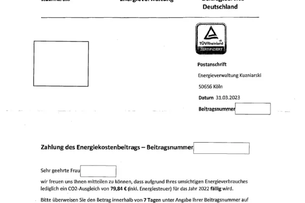 Anschreiben Betrugsmasche Energiekostenbeitrag 
