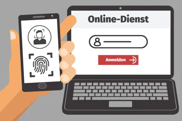 Eine Person hält ein Telefon auf dem biometrische Identifikationssymbole sind. Daneben ein Laptop mit einer Anmeldemaske.