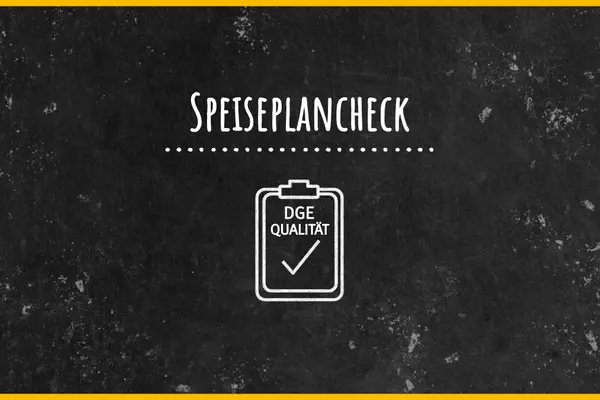 Tafel mit Schriftzug Speiseplancheck und Kreidebild eines Klemmbrettes mit Häkchen