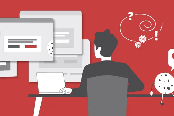 Grafik eines arbeitenden Mannes mit Cookie-Banner im Browser