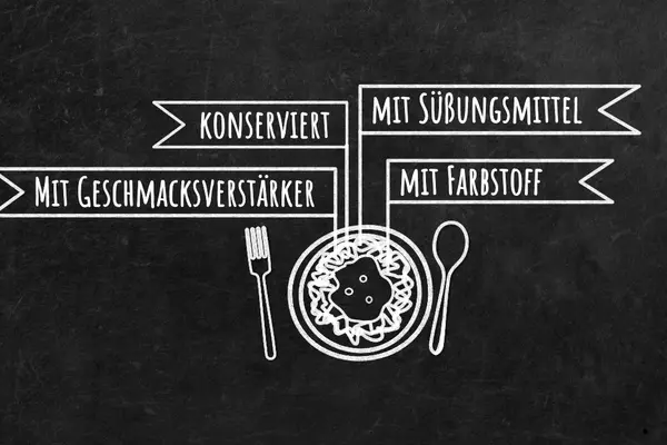 Schwarze Tafel mit einer Kreidezeichnung eines Essens in der Fähnchen auf denen 