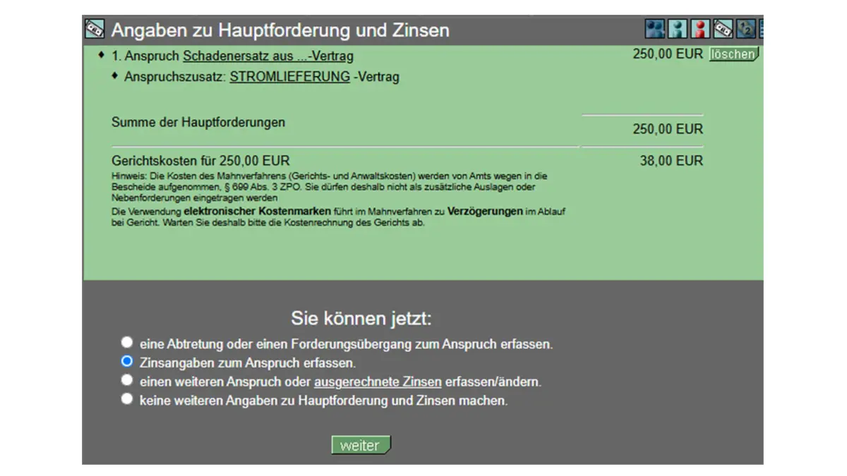 Screenshot einer Formularseite von online-mahnantrag.de