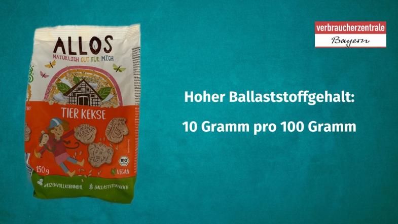 Produktfoto von Kinderkeksen mit der Angabe des Ballaststoffgehaltes