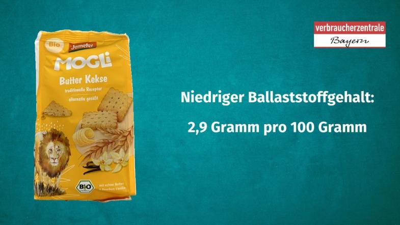 Produktfoto von Kinderkeksen mit der Angabe des Ballaststoffgehaltes