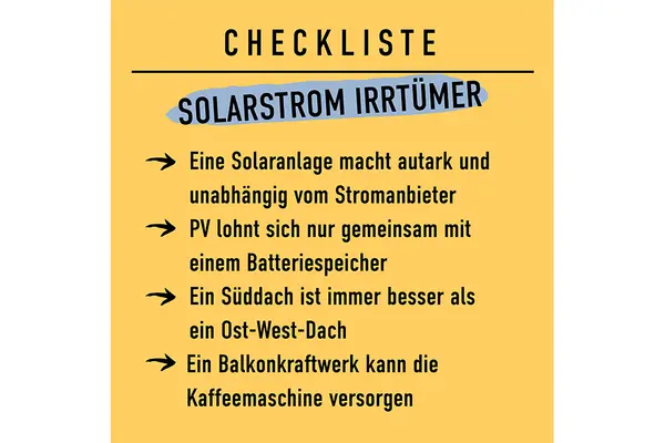 Checkliste von Irrtümern über Solarstrom