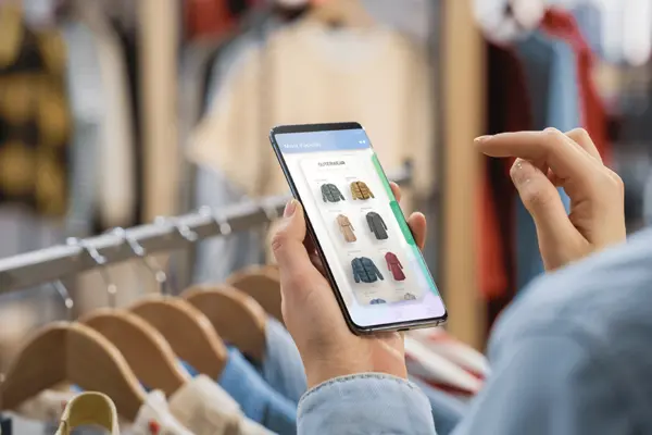 Frau mit Onlineshop für Kleidung auf dem Handy