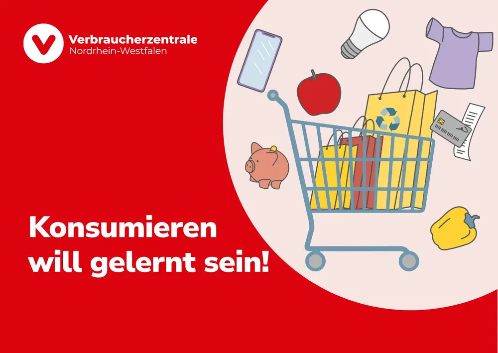 Einkaufswagen mit verschiedenen Konsumartikeln, Claim "Konsumieren will gelernt sein"
