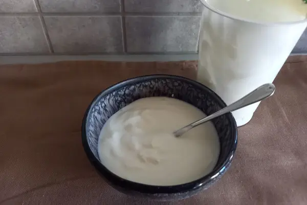 Eine schwarze Müslischüssel mit Naturjoghurt und einem Löffel darin steht auf einer Küchenarbeitsplatte