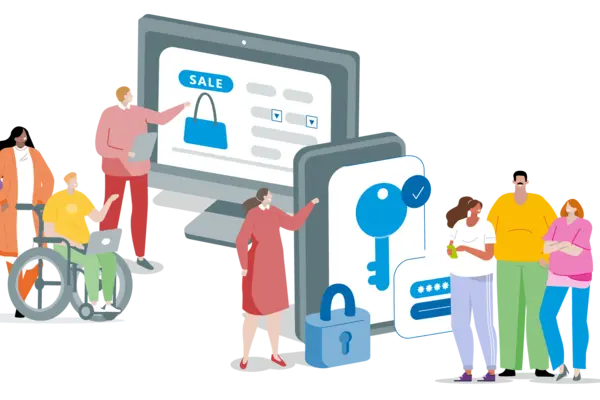 Eine Gruppe von Menschen informiert sich zu digitalen Themen wie Einkaufen im Netz oder Verschlüsselung von Daten