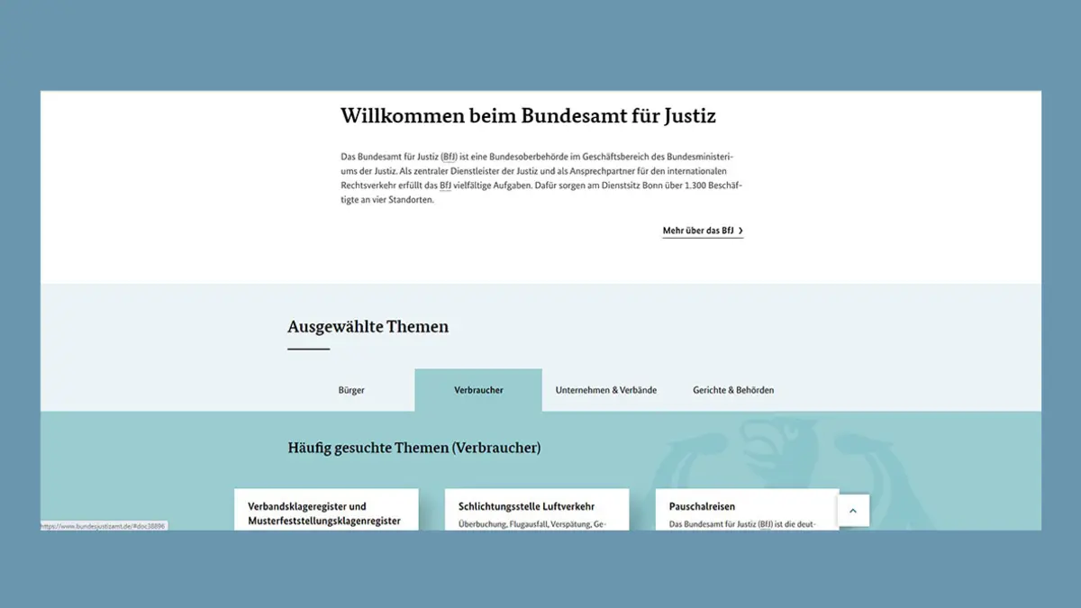 Screenshot der Webseite des Bundesjustizamts: Startseite unterer Bereich, Reiter "Verbraucher"