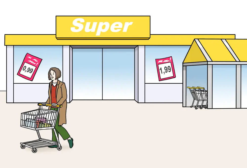 Supermalrkt von außen, davor eine Frau mit einem Einkaufswagen