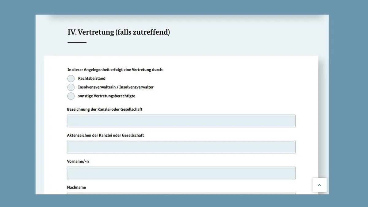 Screenshot der Webseite des Bundesjustizamts: Angabe eines Vertreters im Formular