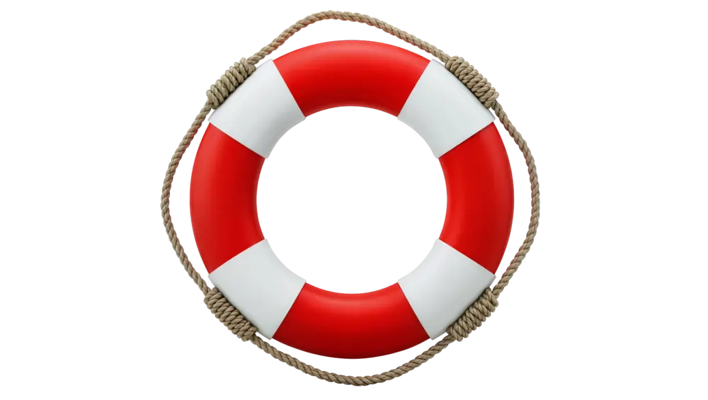 Frontales Bild eines Rettungsrings in rot und weiß mit einem Seil umlaufend