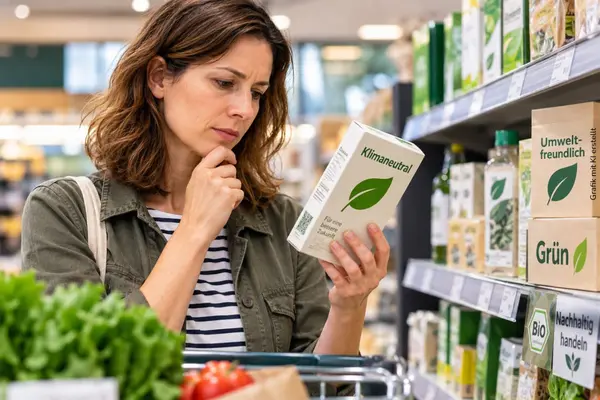 Eine Frau steht im Supermarkt und hält eine Verpackung in der Hand, wodrauf steht "Klimaneutral".