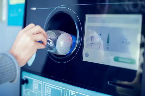 Hand legt Flasche in Pfandautomat