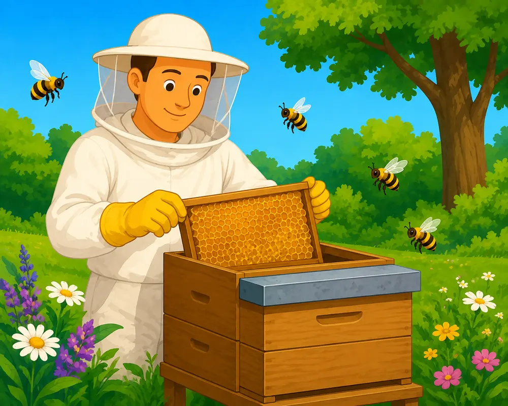 für leichte Sprache: Imker an einem Bienenstock