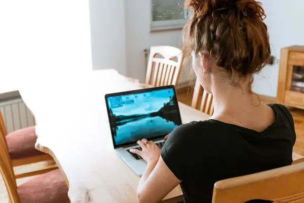 junge Frau, Rückansicht, sitzt am Esstisch vor einem Laptop