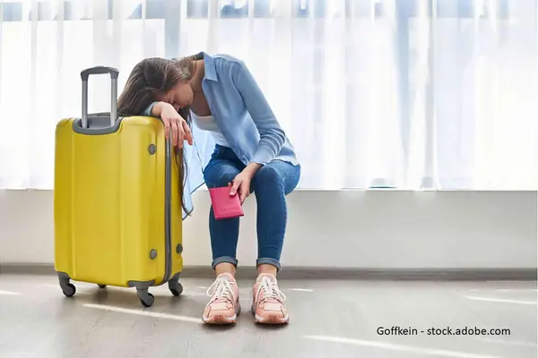 Frau stützt sich am Flughafen auf gelben Koffer Flug ist verspätet