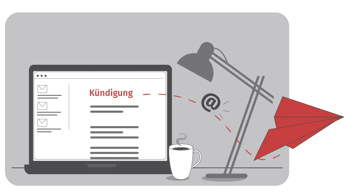 Auf einem Laptop wird eine E-Mail mit der Aufschrift "Kündigung" angezeigt