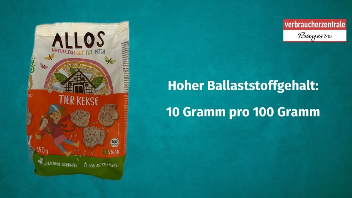 Produktfoto von Kinderkeksen mit der Angabe des Ballaststoffgehaltes