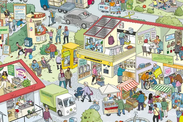Wimmelbild einer Stadt mit positiven und negativen Beispielen für den Umgange mit Plastik