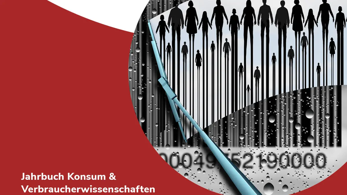 Das Bild zeigt das Cover des "Jahrbuch Konsum & Verbraucherwissenschaften 2024/2025". Das Cover zeigt in der oberen Hälfte das Logo der Verbraucherzentrale (ein roter Punkt mit einem weißen "V" in der Mitte). Darunter befinden sich die Namen der Herausgeber (Christian Bala, Alexander Boden, Wolfgang Schuldzinski und Gunnar Stevens) und der Titel der Publikation: „Herausforderungen für die Verbraucherpolitik – Digitaler Alltag und Polykrise“. In der linken unteren Hälfte des Covers findet sich der Reihentitel: „Jahrbuch Konsum und Verbraucherwissenschaften 2024/2025“. In der rechten Hälfte des Covers ist eine kreisförmige Abbildung zu sehen. Die Abbildung zeigt einen türkisblauen Scheibenwischer, der über einen trüben und mit Wassertropfen gesprenkelten EAN-Code wischt. An den Stellen, an denen der Scheibenwischer bereits die Wassertropfen weggewischt hat und damit ein klares Bild ermöglicht, sind schwarze Personensilhouetten erkennbar, deren Beine in die Striche des EAN-Codes übergehen.
