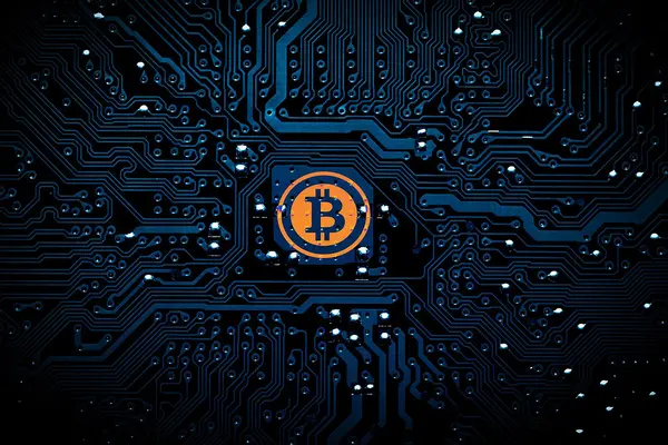Bitcoin-Logo umgeben von elektrischen Leiterbahnen