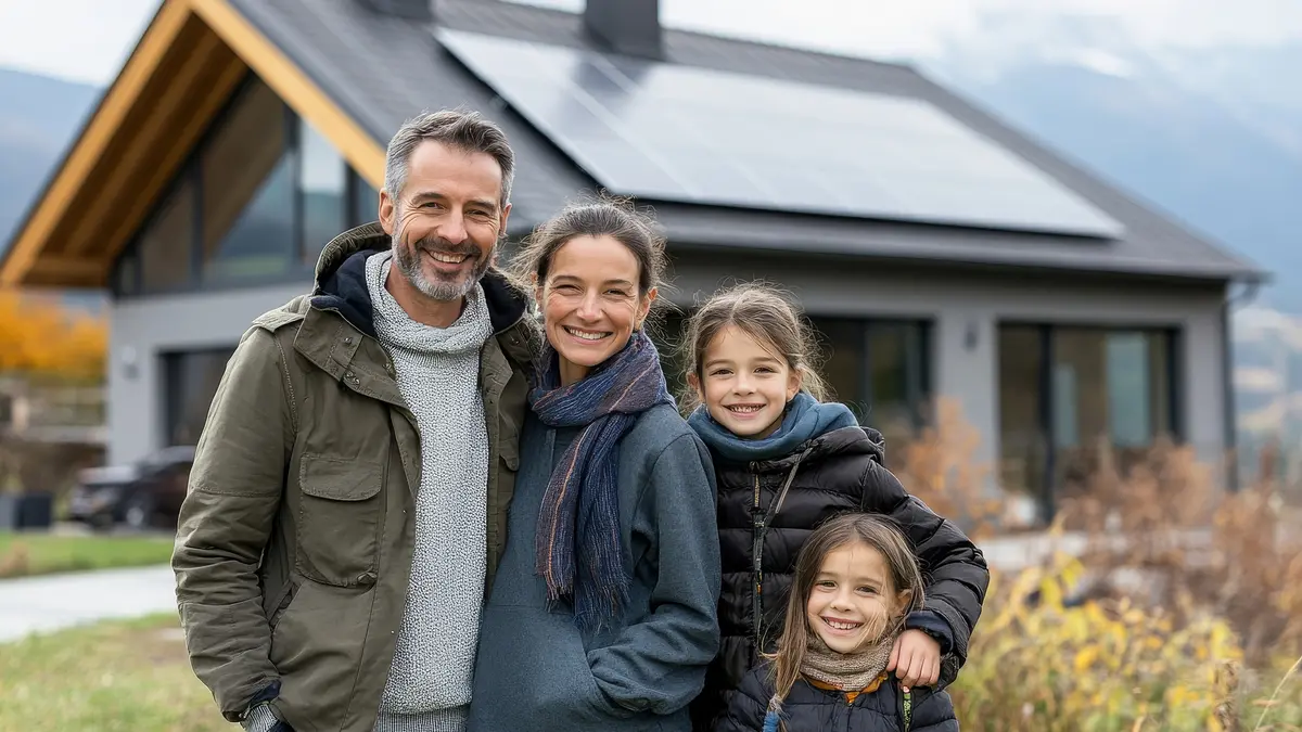 Familie vor einen Eigenheim mit Solaranlage auf dem Dach