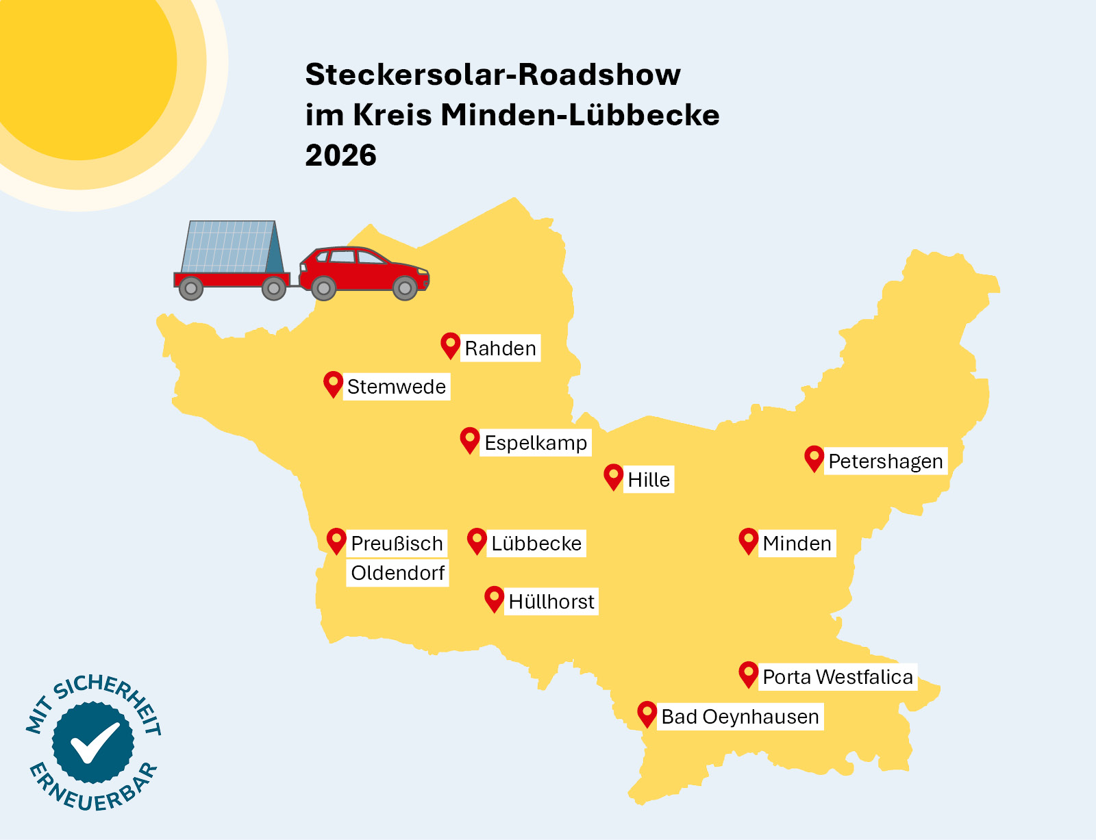Karte vom Kreis Minden-Lübbecke mit elf Stopps der Steckersolar-Roadshow, im Hintergrund ein Balkon mit Stecker-Solargeräten