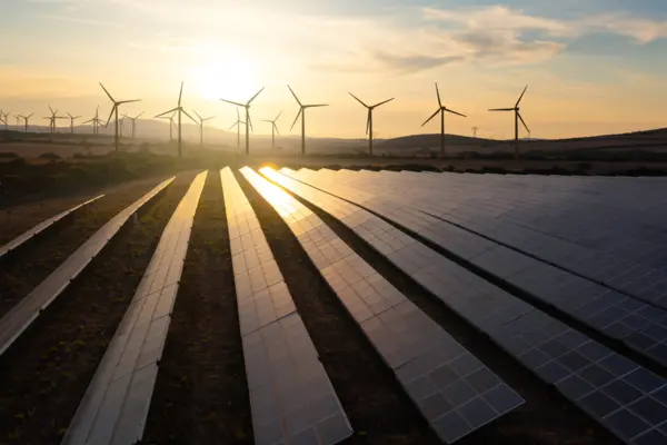 Die Sonne geht auf über eine Feld aus Photovoltaik-Anlagen und Windräder.