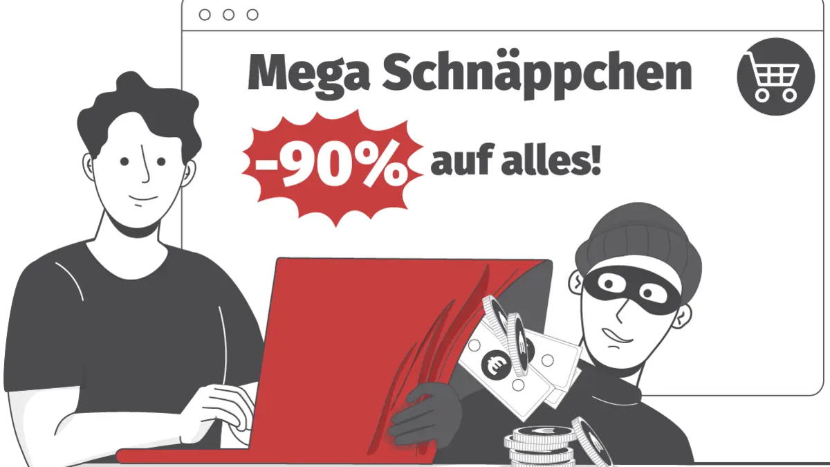 Ein Mann shoppt am Computer während ein Dieb Geld von ihm klaut.