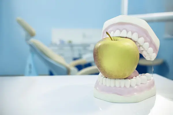 Apfel in einem künstlichen Gebiss