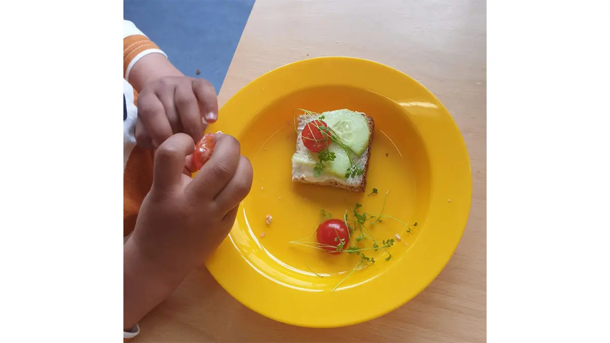 Geerntetes Gemüse und Kräuter auf einem Kinderteller