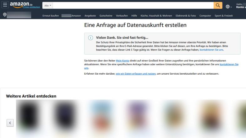 Screenshot der Datenanforderung bei Amazon