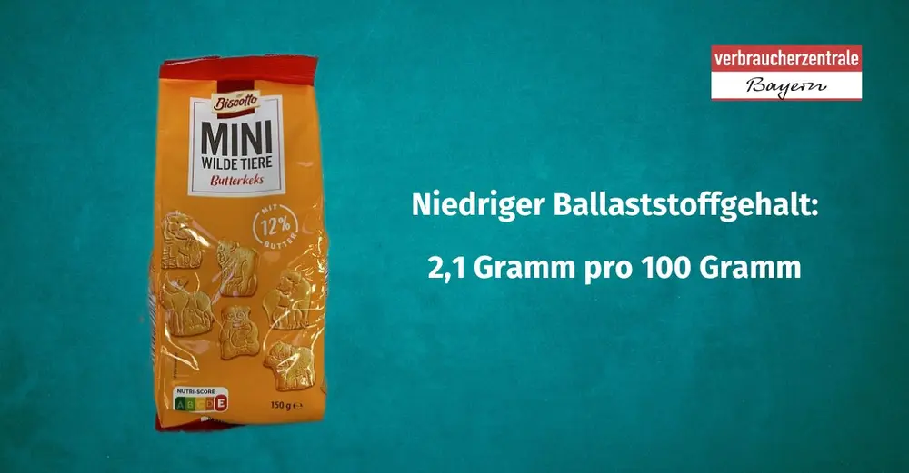 Produktfoto von Kinderkeksen mit der Angabe des Ballaststoffgehaltes