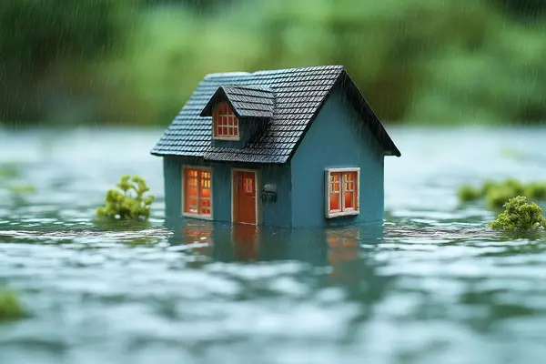 Ein Haus, das im Wasser schwimmt.